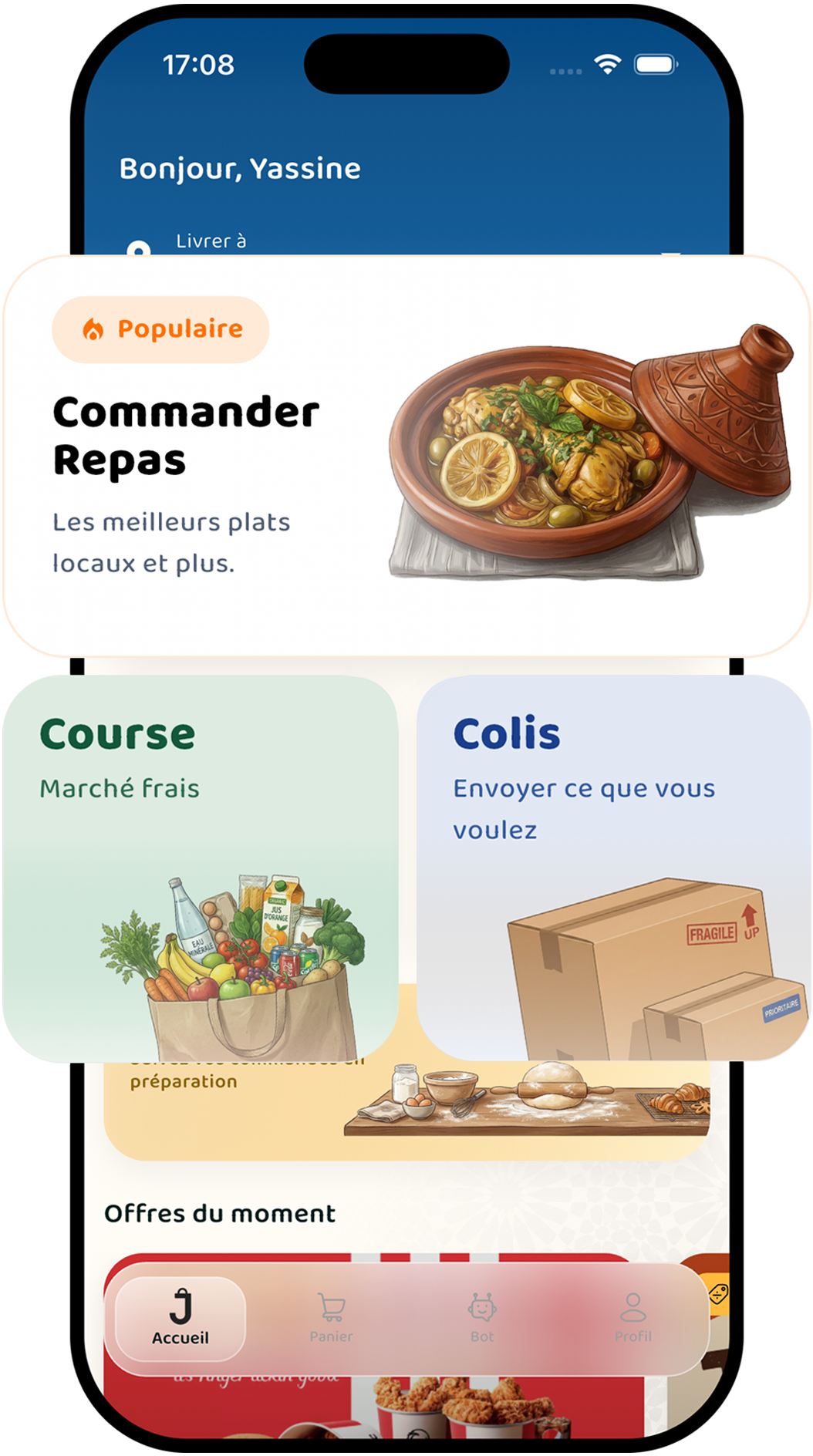 Repas, courses, colis — commandez et recevez en quelques minutes.